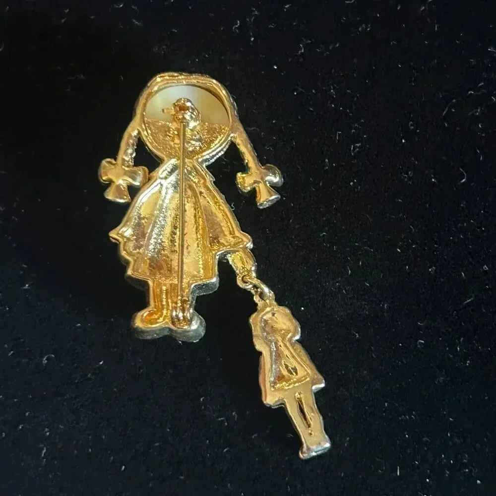 Vintage Gold Rhinestone Enamel Faux Pearl Girl with Doll Brooch Pin
